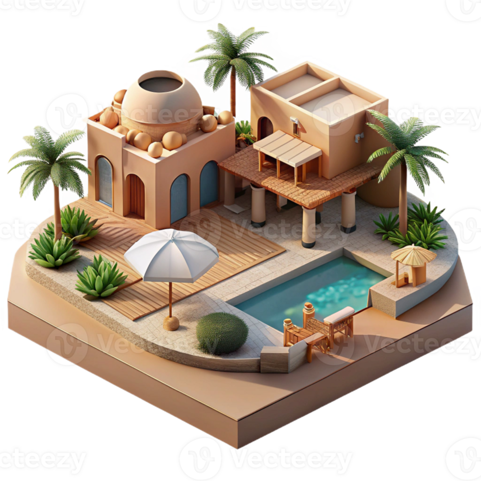 beautiful rustic Desert oasis resort, rammed earth structures, swimming pools, palm trees, luxurious ambiance, architectural rendering, high resolution png