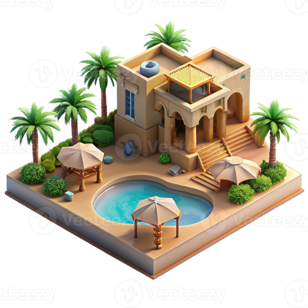 serene classic Desert oasis resort, rammed earth structures, swimming pools, palm trees, luxurious ambiance, architectural rendering, premium png