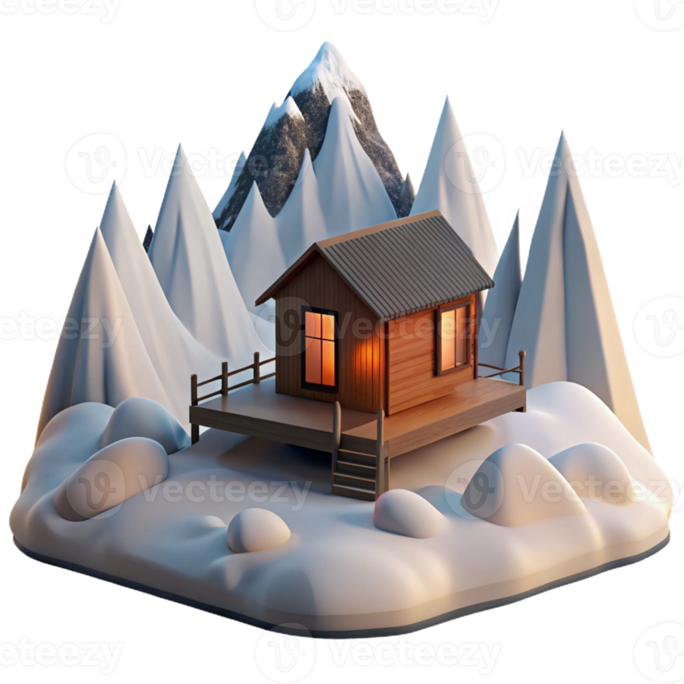 impressive rustic Mountaintop retreat, minimalist cabin, panoramic views, snowy landscape, peaceful setting, digital art, high resolution png
