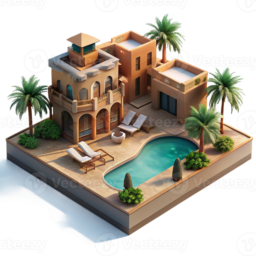 elegant rustic Desert oasis resort, rammed earth structures, swimming pools, palm trees, luxurious ambiance, architectural rendering, detailed png