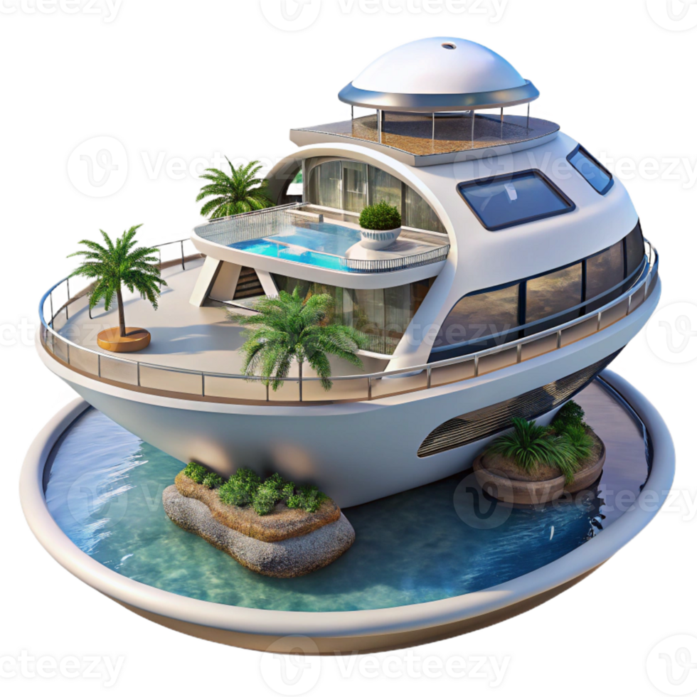 wonderful modern Floating hotel, futuristic design, panoramic ocean views, luxurious amenities, digital rendering, original png