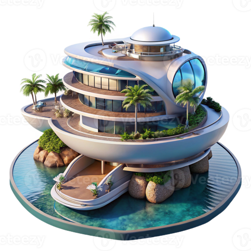impressive artistic Floating hotel, futuristic design, panoramic ocean views, luxurious amenities, digital rendering, high quality png