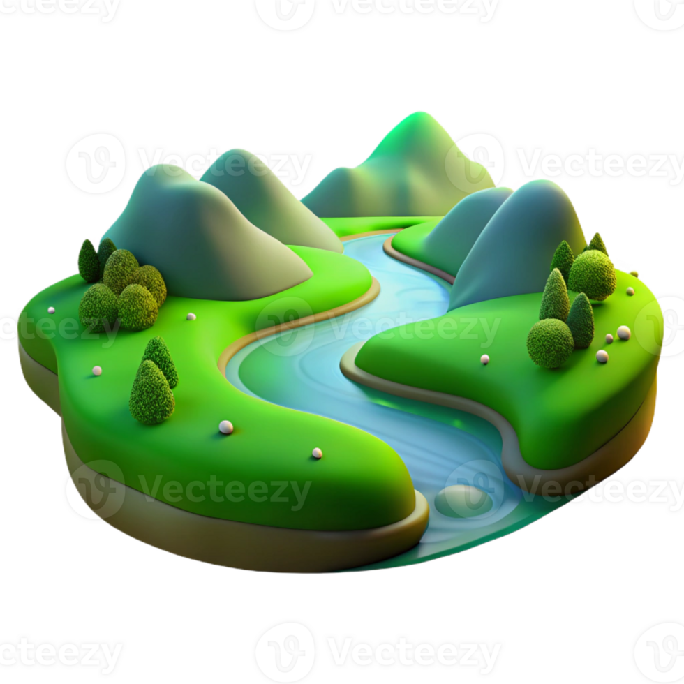magnificent artistic A winding river flowing through a lush green valley, illuminated by the soft light of dawn. Landscape photography style authentic png