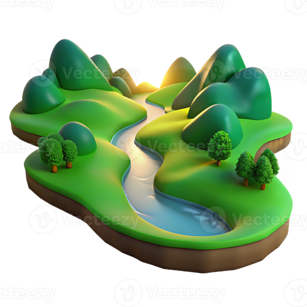 magnificent creative A winding river flowing through a lush green valley, illuminated by the soft light of dawn. Landscape photography style 4K png