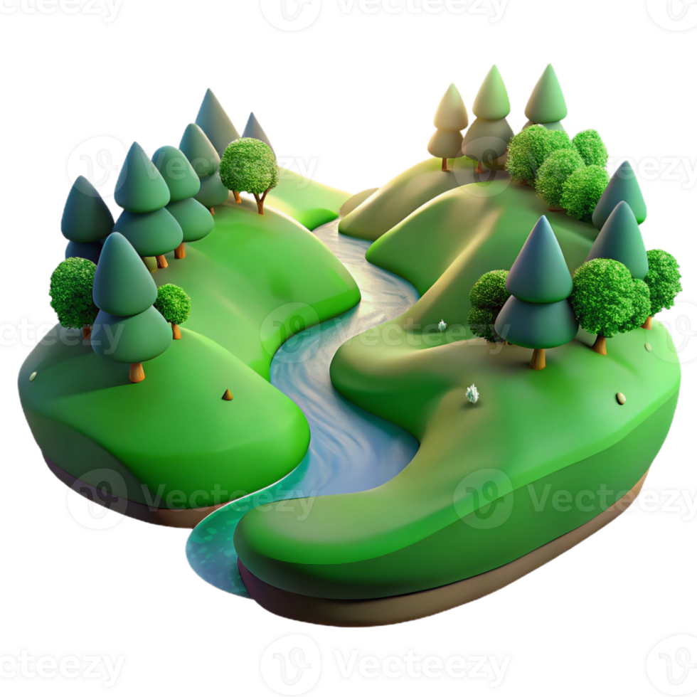 stunning contemporary A winding river flowing through a lush green valley, illuminated by the soft light of dawn. Landscape photography style high resolution png