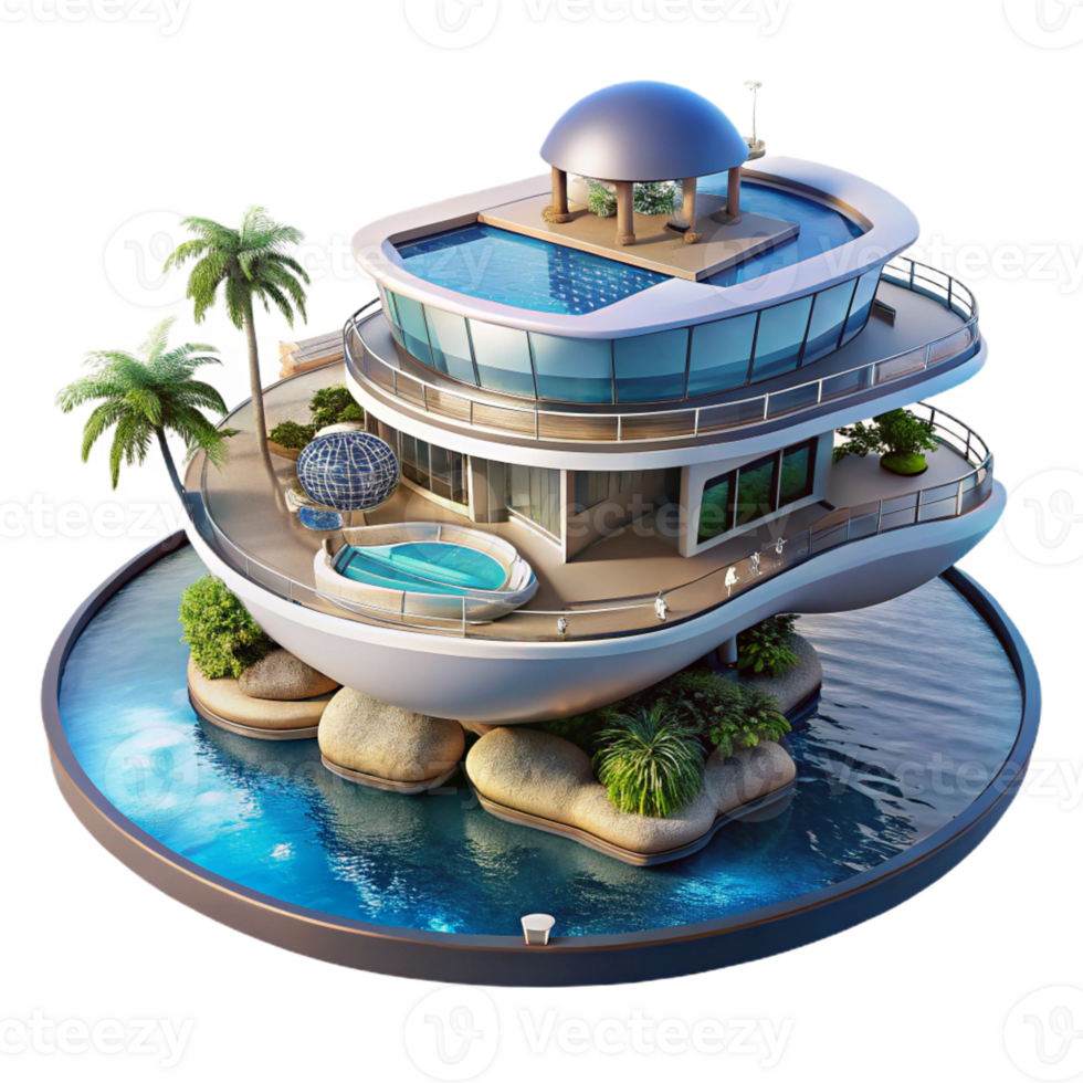 serene traditional Floating hotel, futuristic design, panoramic ocean views, luxurious amenities, digital rendering, high resolution png