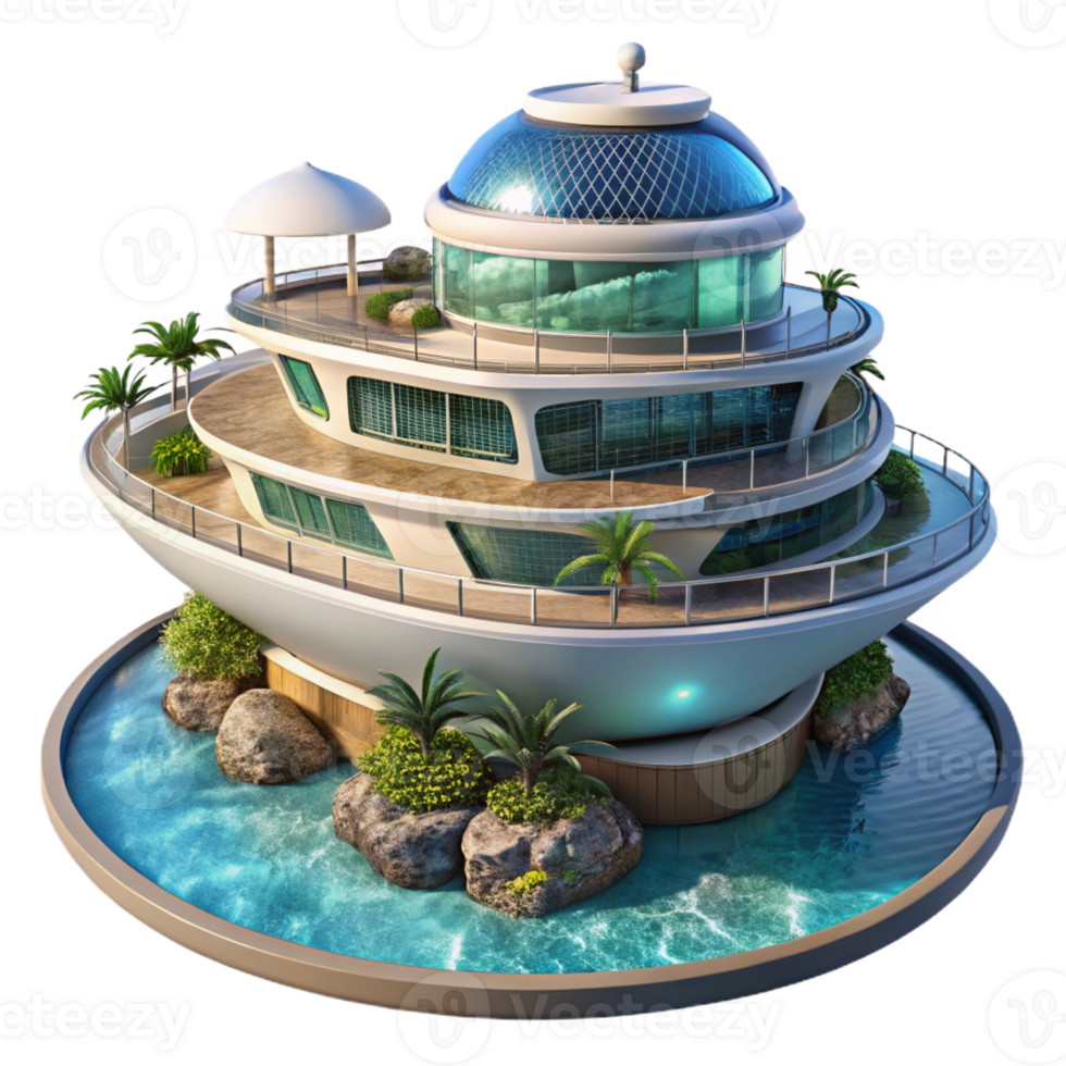 serene traditional Floating hotel, futuristic design, panoramic ocean views, luxurious amenities, digital rendering, premium png