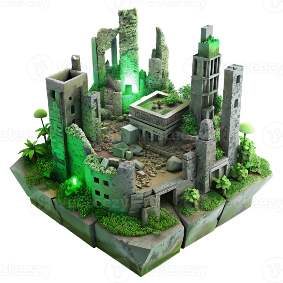 wonderful artistic Post-apocalyptic ruined city, crumbling buildings, overgrown with vegetation, eerie green light, dystopian style premium png