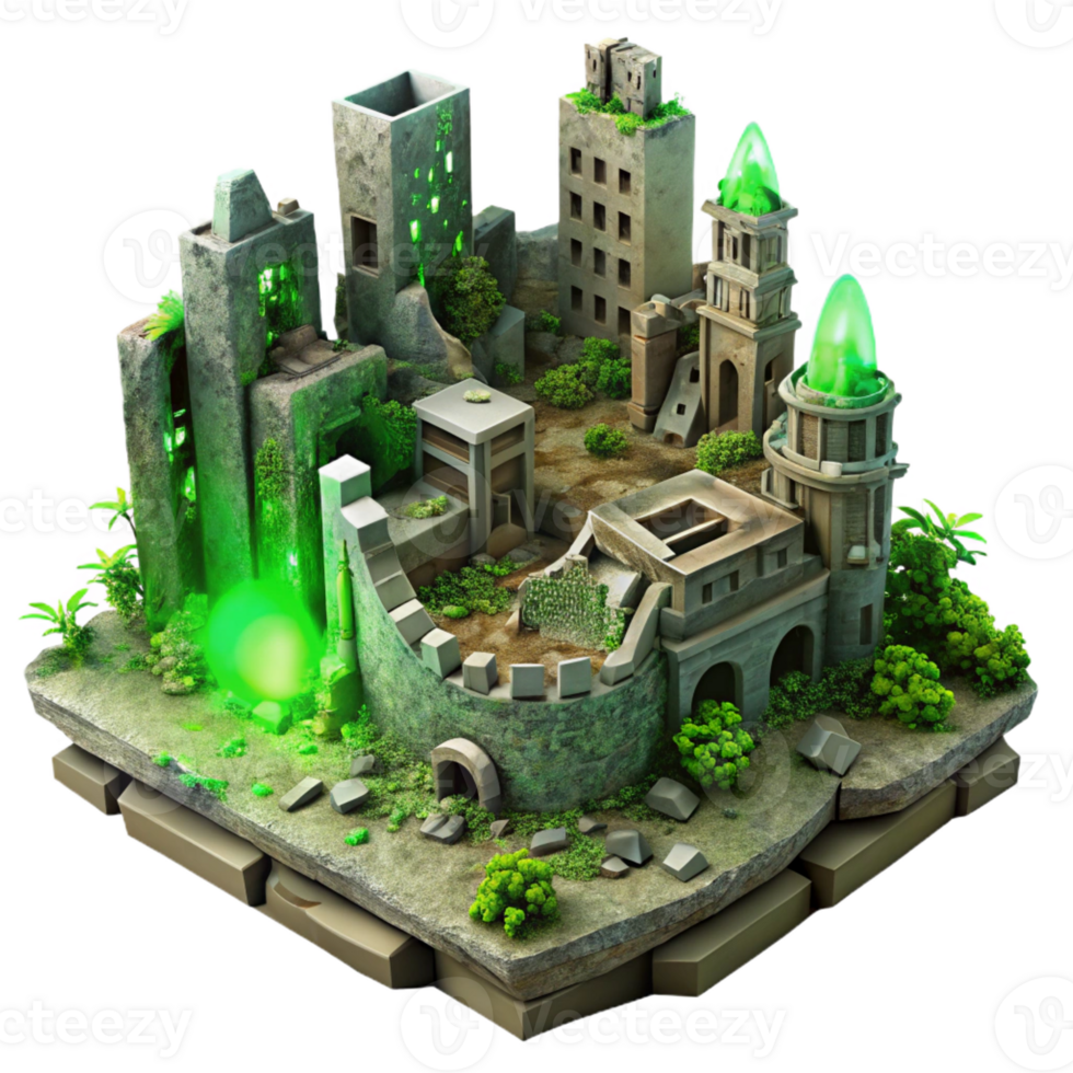 elegant abstract Post-apocalyptic ruined city, crumbling buildings, overgrown with vegetation, eerie green light, dystopian style high resolution png