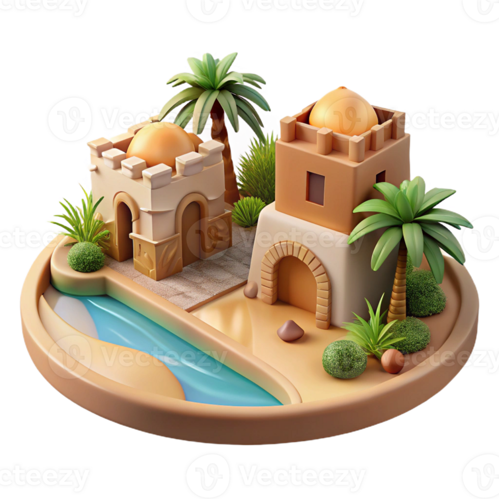 serene creative Desert oasis, traditional mud-brick buildings, palm trees, warm desert light, peaceful and tranquil style original png