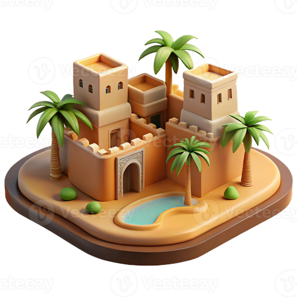 beautiful contemporary Desert oasis, traditional mud-brick buildings, palm trees, warm desert light, peaceful and tranquil style genuine png