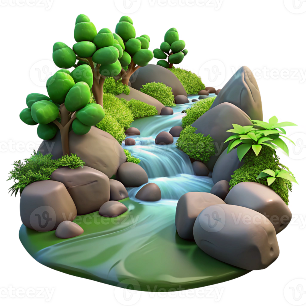 vibrant contemporary A babbling brook flowing over smooth stones in a forest, surrounded by lush green vegetation. Nature photography style authentic png
