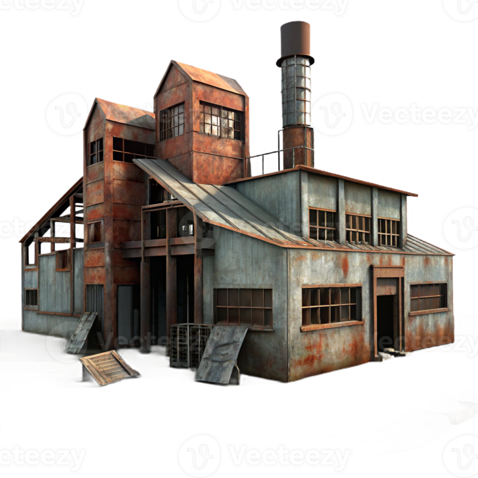 beautiful modern Abandoned factory, rusted metal structures, broken windows, dim and dusty light, eerie and desolate style high quality png