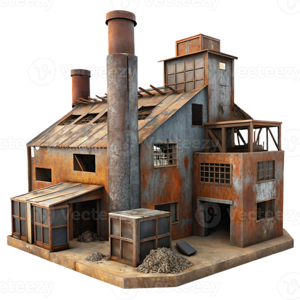 extraordinary artistic Abandoned factory, rusted metal structures, broken windows, dim and dusty light, eerie and desolate style high resolution png