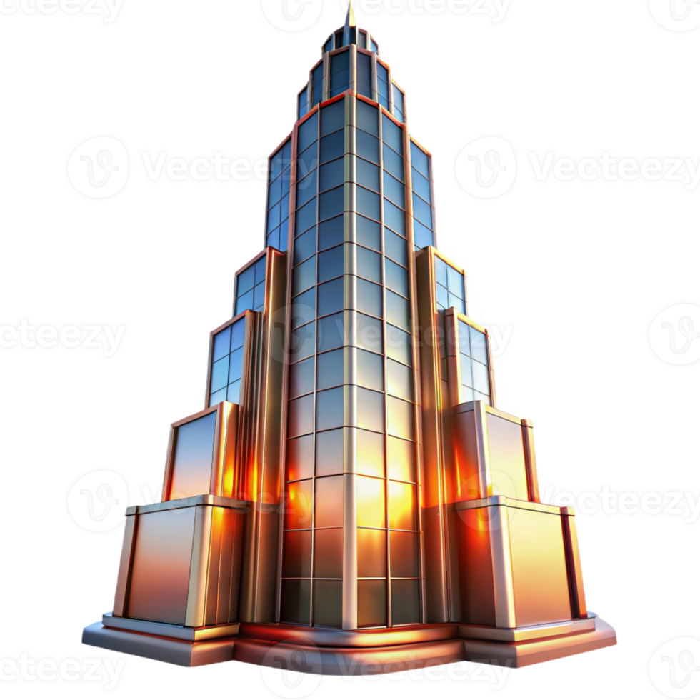 stunning classic A towering Art Deco skyscraper, chrome and glass, reflecting a vibrant sunset, volumetric lighting, cinematic style detailed png