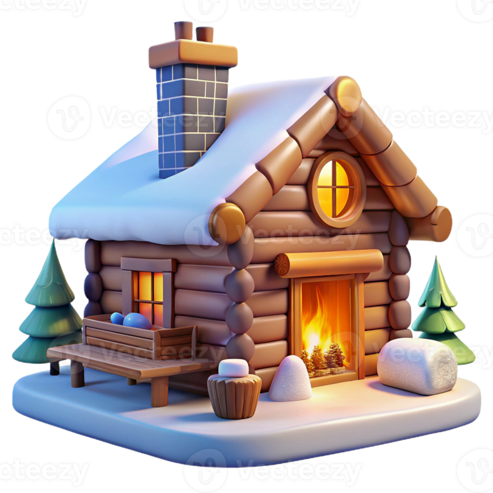 elegant minimalist Log cabin, rustic retreat, cozy interior, fireplace, snowy landscape, digital painting, detailed png