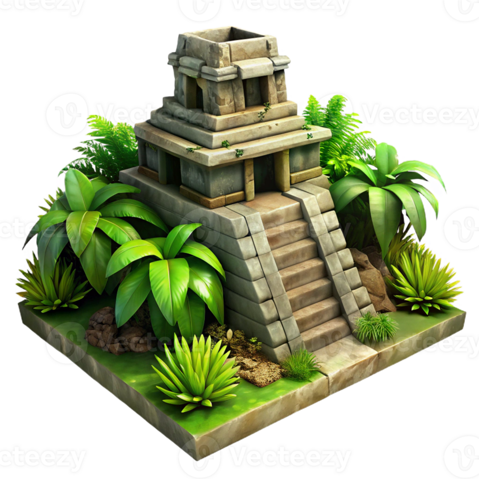 dramatic rustic A crumbling Mayan temple overgrown with lush jungle vegetation, dappled sunlight, photorealistic style genuine png