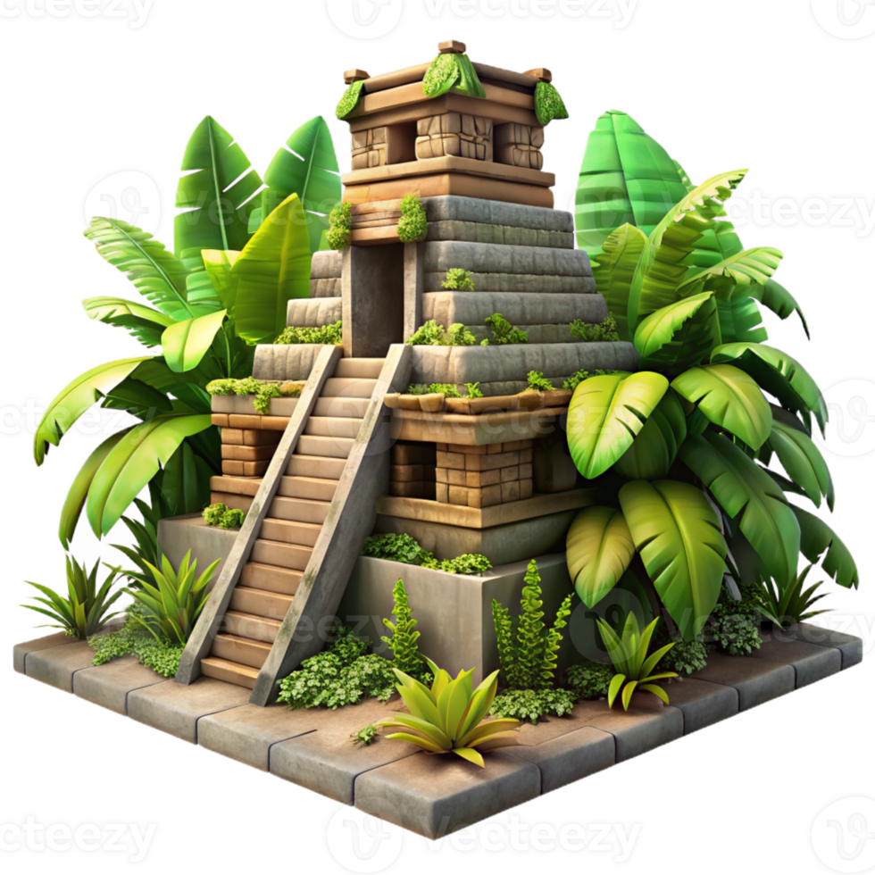 stunning vintage A crumbling Mayan temple overgrown with lush jungle vegetation, dappled sunlight, photorealistic style detailed png
