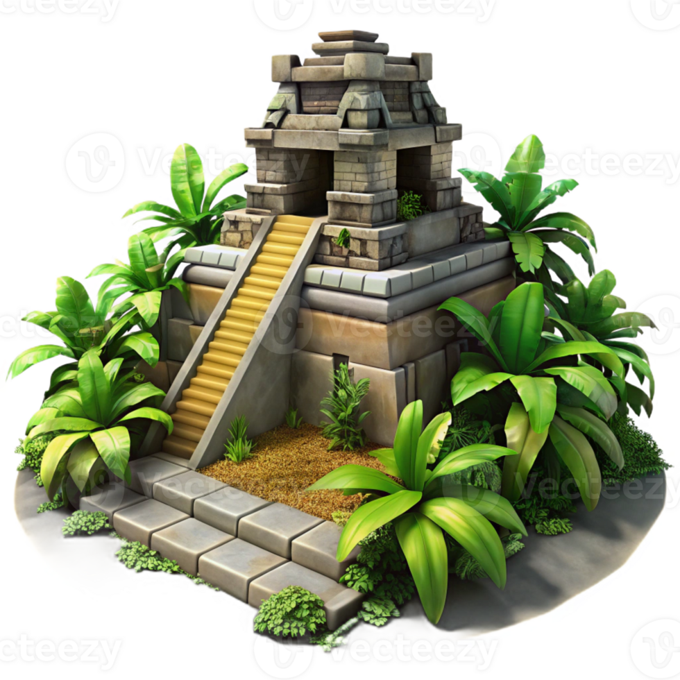 magnificent classic A crumbling Mayan temple overgrown with lush jungle vegetation, dappled sunlight, photorealistic style high quality png