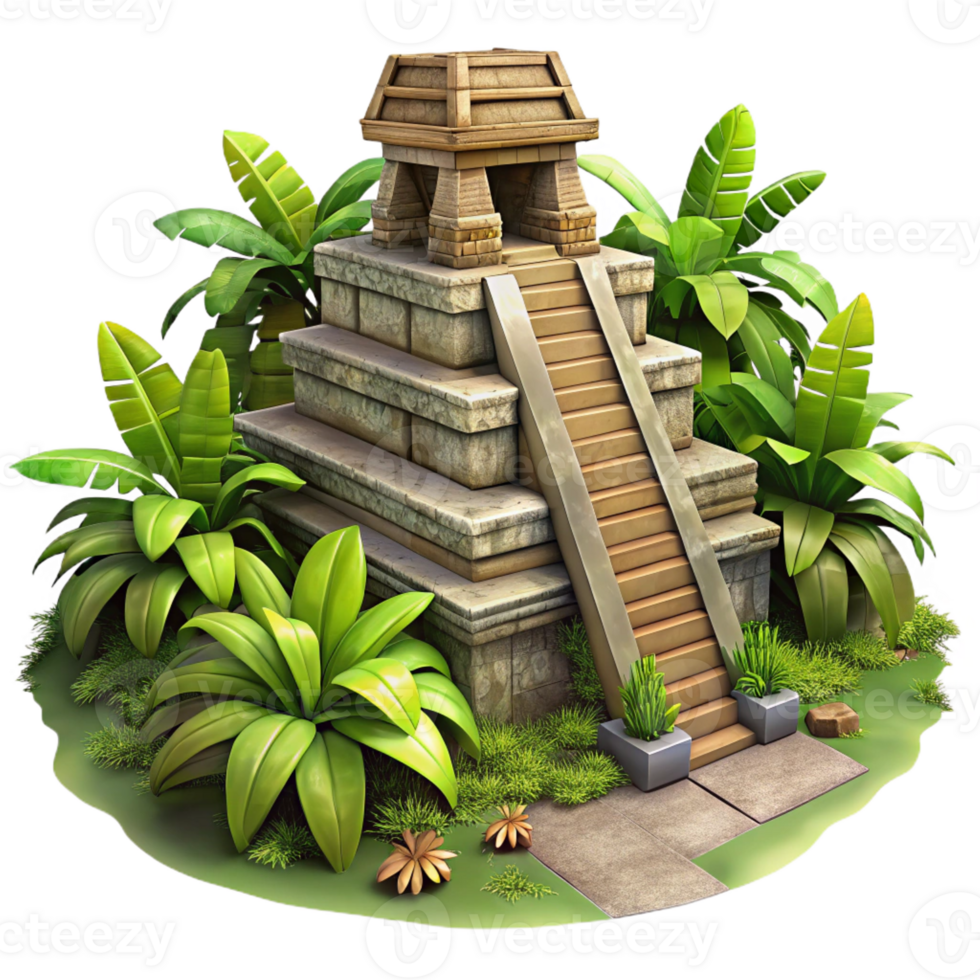 impressive minimalist A crumbling Mayan temple overgrown with lush jungle vegetation, dappled sunlight, photorealistic style detailed png