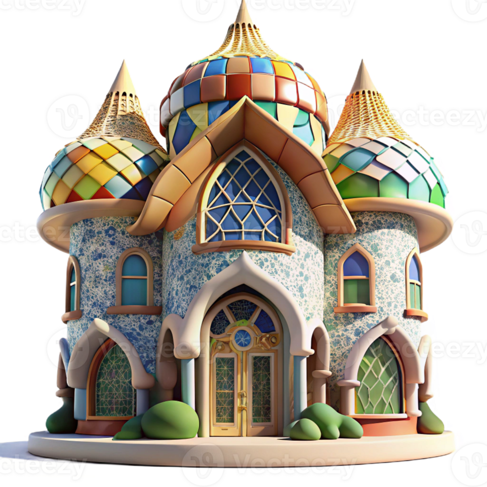 elegant artistic An intricate Gaudi-inspired house, brightly colored mosaics, whimsical style, morning light 4K png