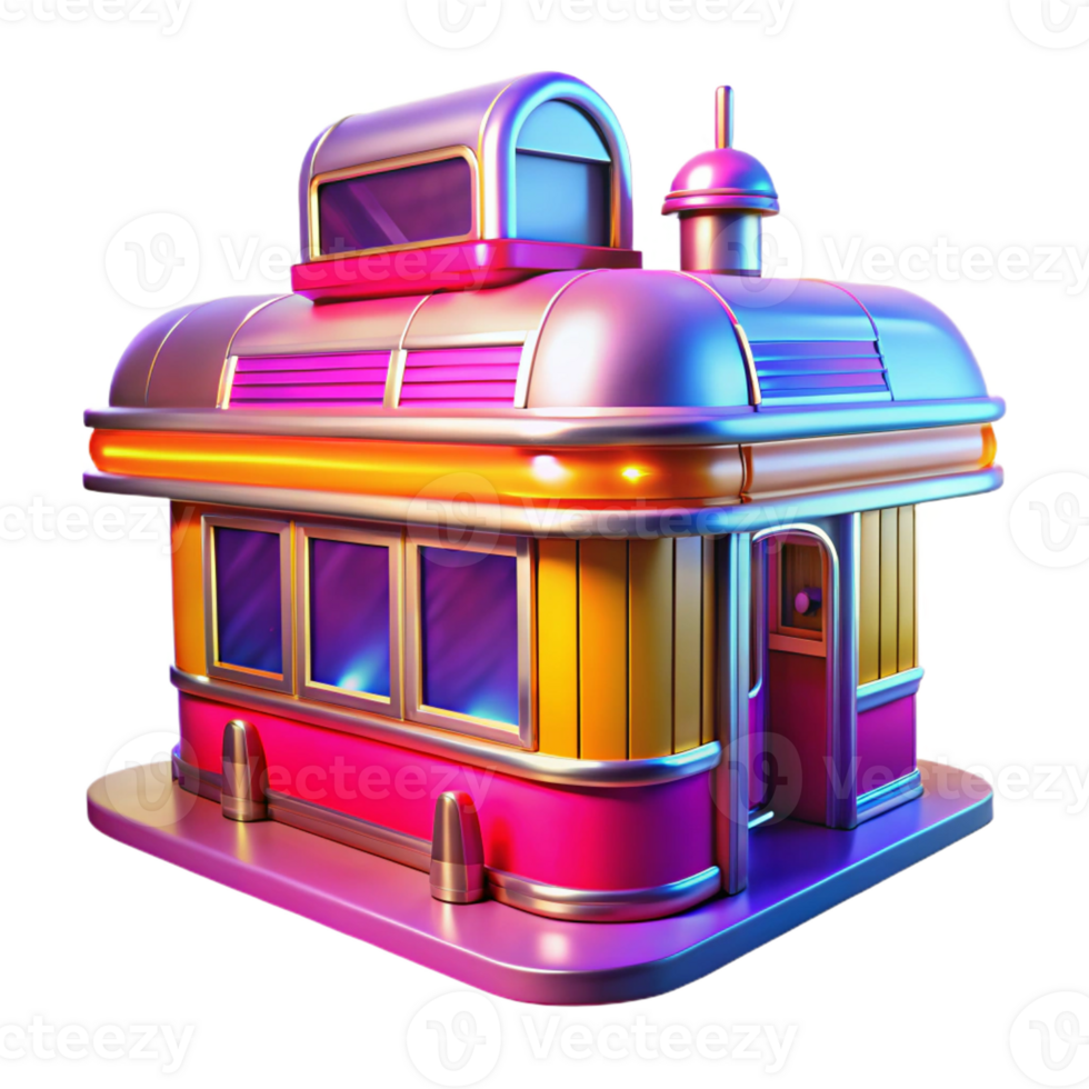 impressive classic A vibrant, colorful illustration of a 1950s diner, chrome details gleaming, bright neon signs, retro pop art style high resolution png