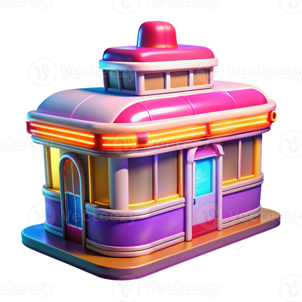 extraordinary abstract A vibrant, colorful illustration of a 1950s diner, chrome details gleaming, bright neon signs, retro pop art style high quality png