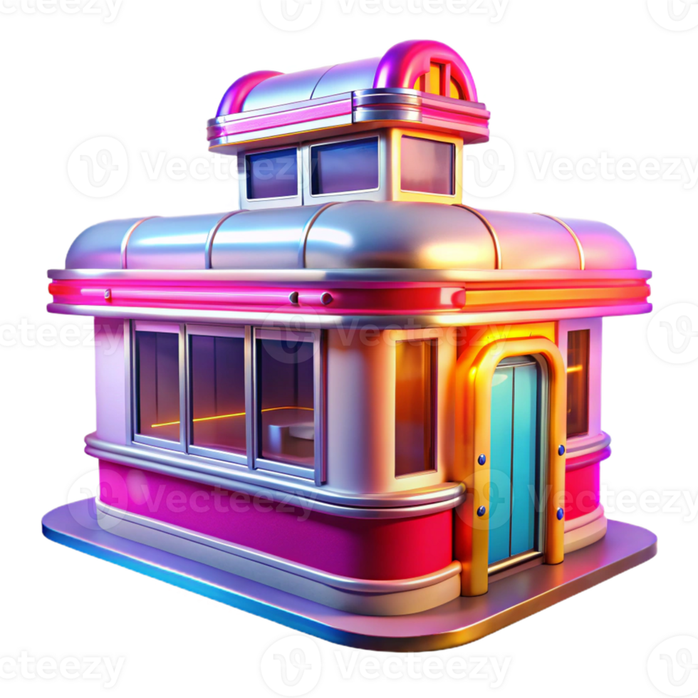 impressive contemporary A vibrant, colorful illustration of a 1950s diner, chrome details gleaming, bright neon signs, retro pop art style authentic png