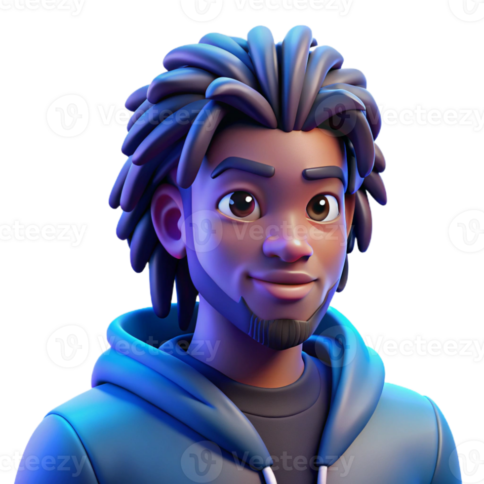 elegant abstract Portrait of a young man with dreadlocks and a thoughtful expression, lit by a cool, blue light, in a graphic novel style detailed png