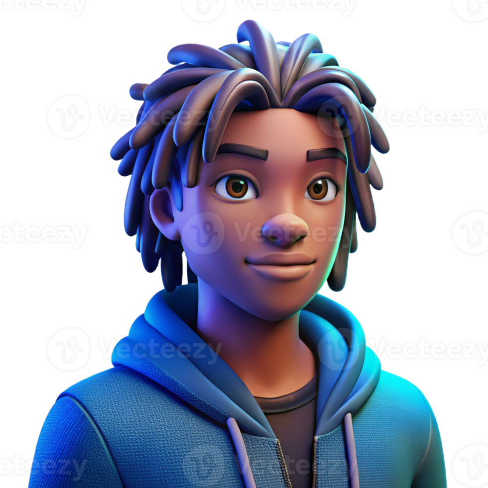 vibrant artistic Portrait of a young man with dreadlocks and a thoughtful expression, lit by a cool, blue light, in a graphic novel style genuine png
