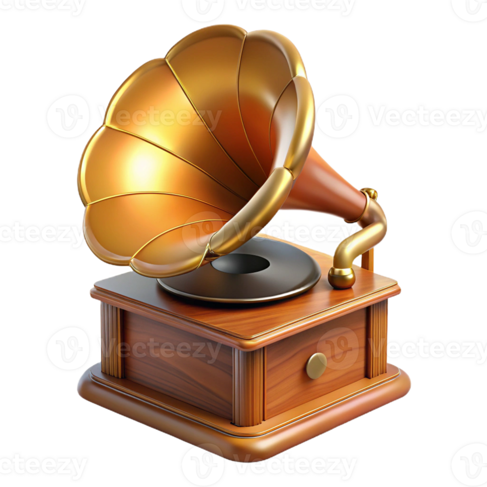 dramatic artistic A photorealistic rendering of a vintage gramophone, highly detailed wood grain, soft spotlighting, vintage photography style 4K png