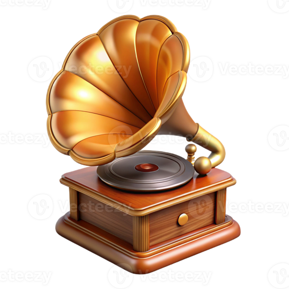 extraordinary contemporary A photorealistic rendering of a vintage gramophone, highly detailed wood grain, soft spotlighting, vintage photography style exclusive png