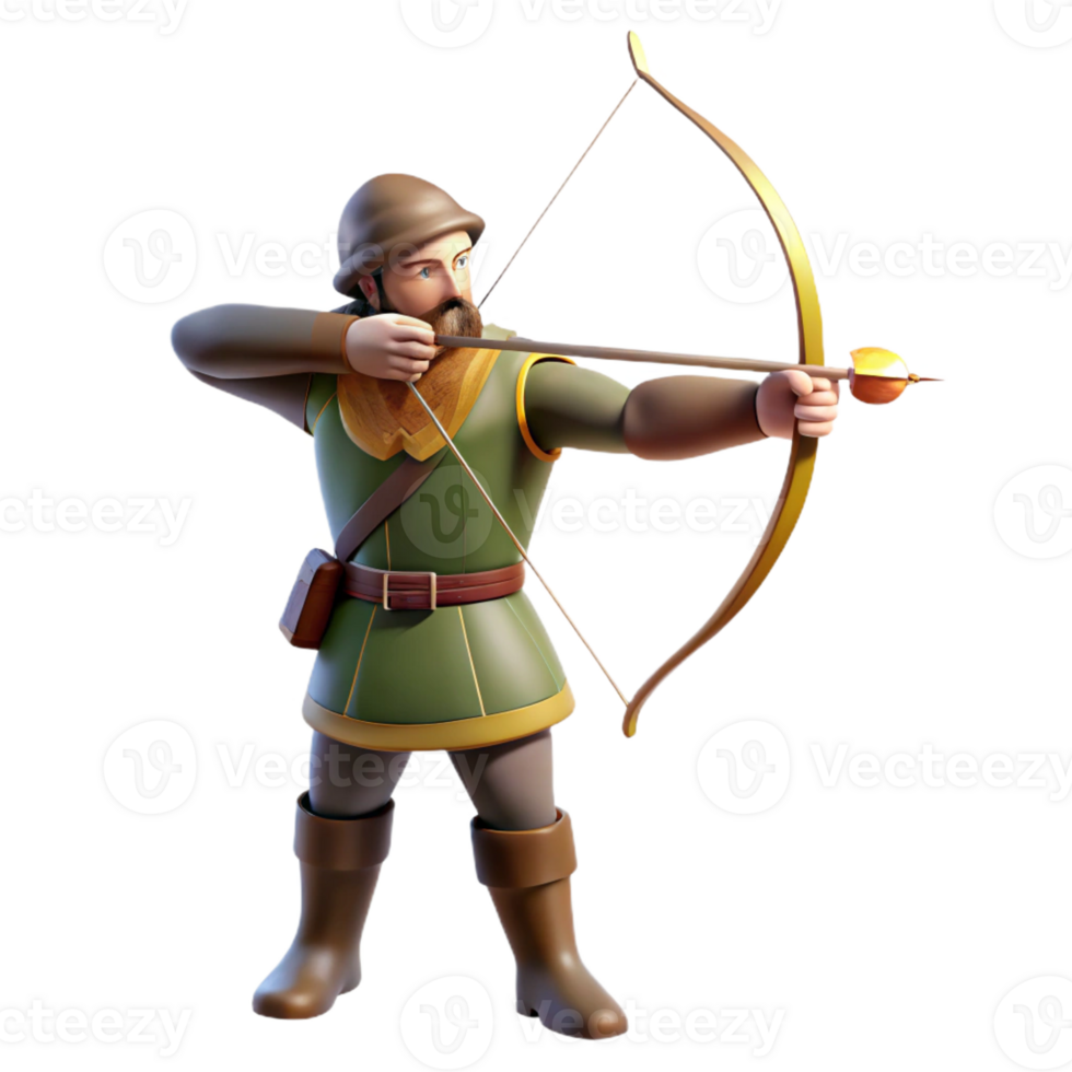 wonderful vintage A medieval archer aiming his longbow at a distant target, illuminated by the bright sunlight of a summer day, in a photorealistic style high resolution png