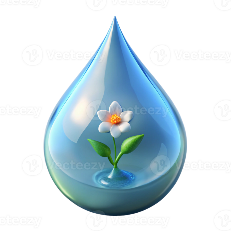 extraordinary contemporary A crystal clear drop of water magnifying a tiny wildflower. Macro photography, scientific style detailed png