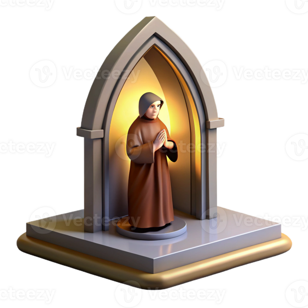 impressive creative A solitary monk praying in a simple stone chapel, lit by a single, ethereal ray of light through a stained-glass window, in a religious iconography style authentic png
