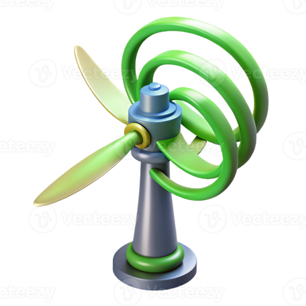 vibrant rustic A wind turbine generating electricity, visualized by swirling lines of energy emanating from its blades, in a sustainable technology visualization style high quality png