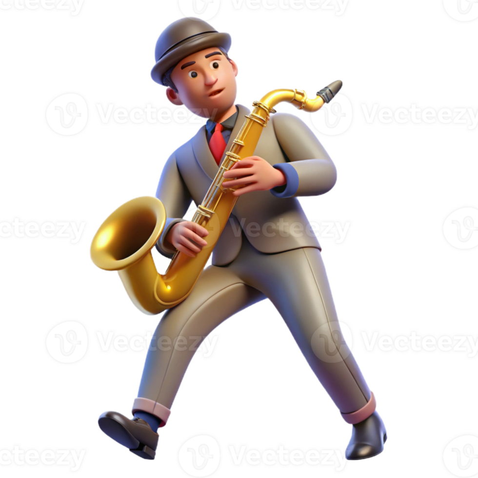 vibrant classic Street musician playing a saxophone in a busy square, dynamic pose, warm street lighting, candid style premium png