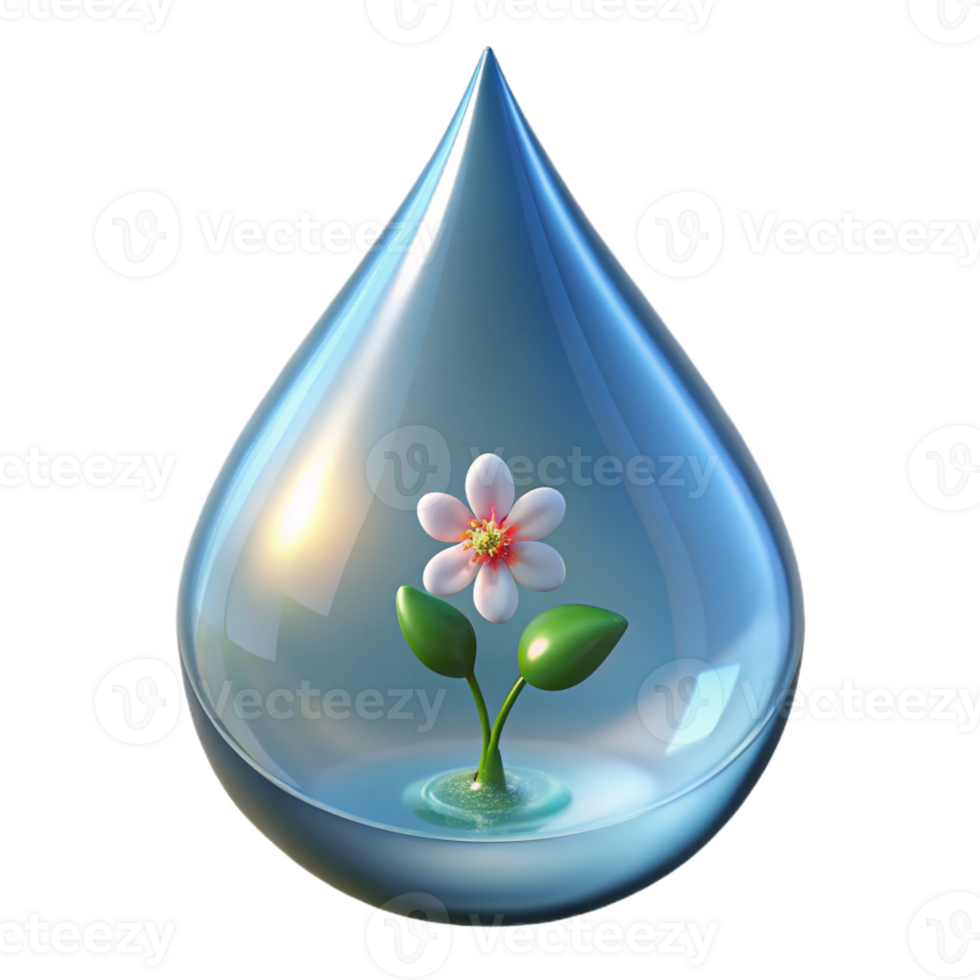 stunning traditional A crystal clear drop of water magnifying a tiny wildflower. Macro photography, scientific style high quality png