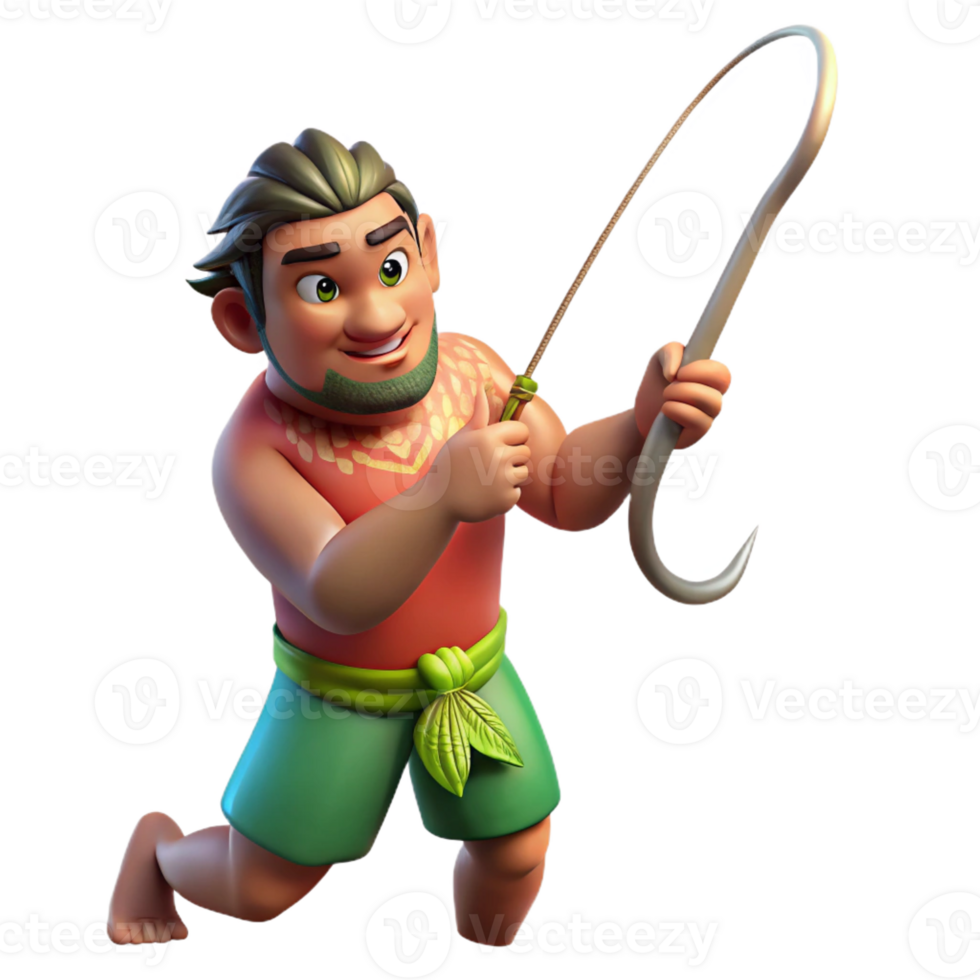 vibrant creative A mysterious Polynesian Maui fishing up islands from the ocean depths, muscles straining, sunlight glinting off his magical fishhook. Realistic style, vibrant lighting high resolution png