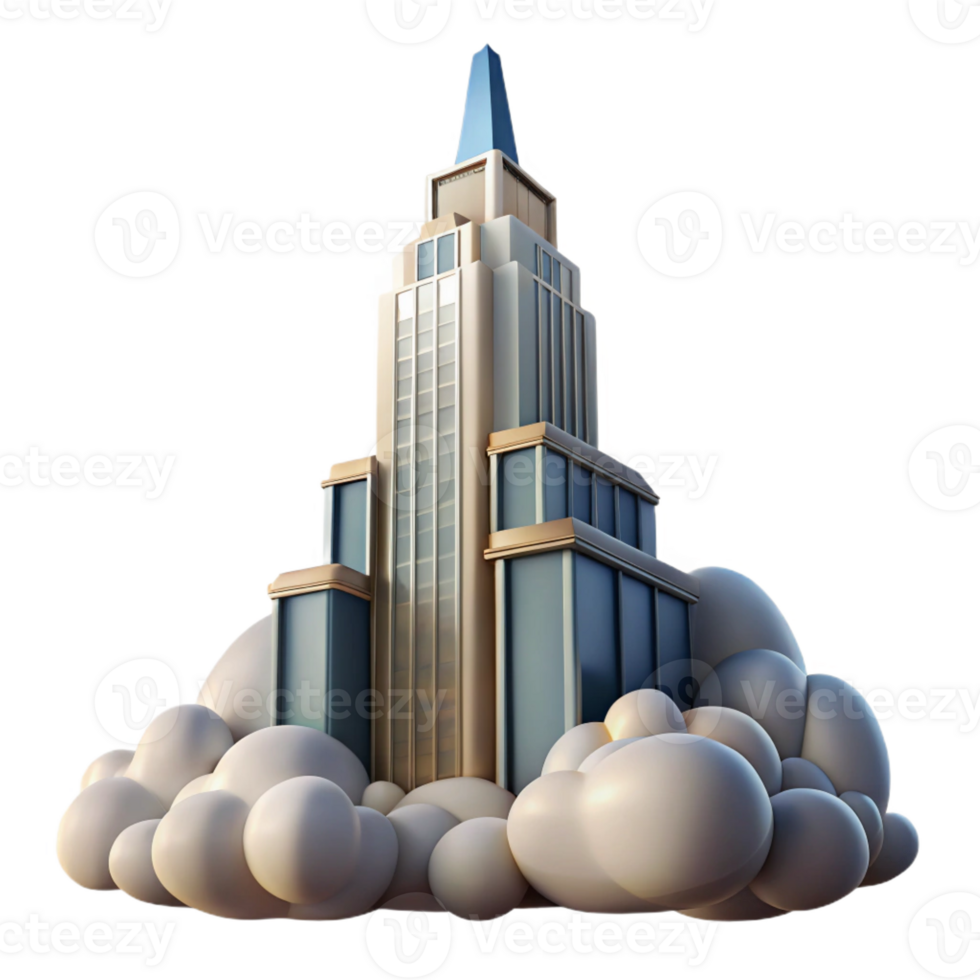 magnificent contemporary Art deco skyscraper reaching into a cloudy sky, intricate architectural details, soft morning light, photorealistic style high quality png