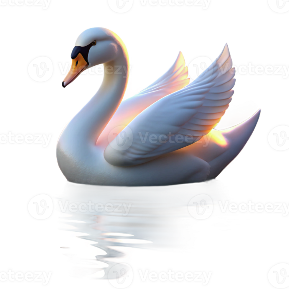 beautiful modern A graceful swan gliding across a calm lake, its white feathers illuminated by the soft glow of sunset, in a serene, romantic style authentic png