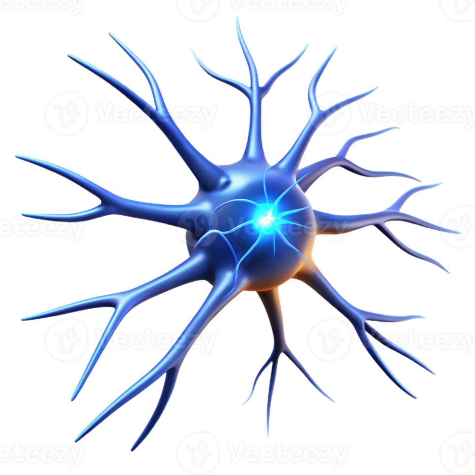extraordinary traditional A single, isolated neuron firing electrical impulses, illuminated by a bright, electric blue spark, rendered in a microscopic, scientific style detailed png
