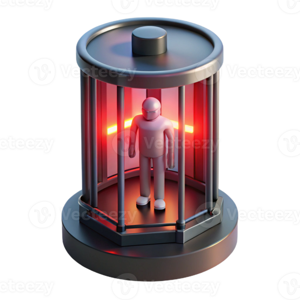 stunning minimalist A futuristic prison cell, with a lone figure trapped inside, illuminated by a flickering red light. Dark, oppressive, and realistic style detailed png