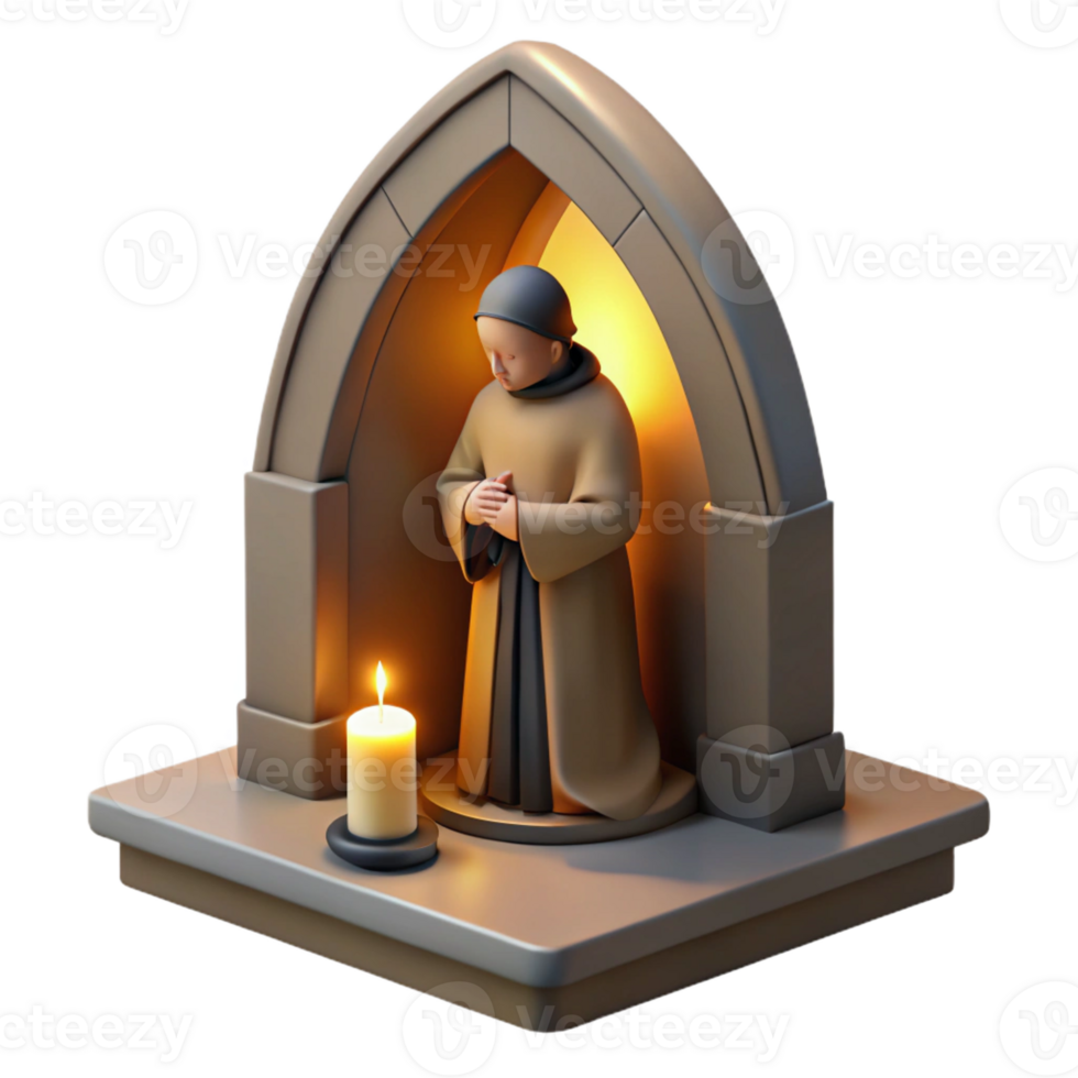 vibrant contemporary A solitary monk praying in a simple stone chapel, lit by a single, ethereal ray of light through a stained-glass window, in a religious iconography style authentic png