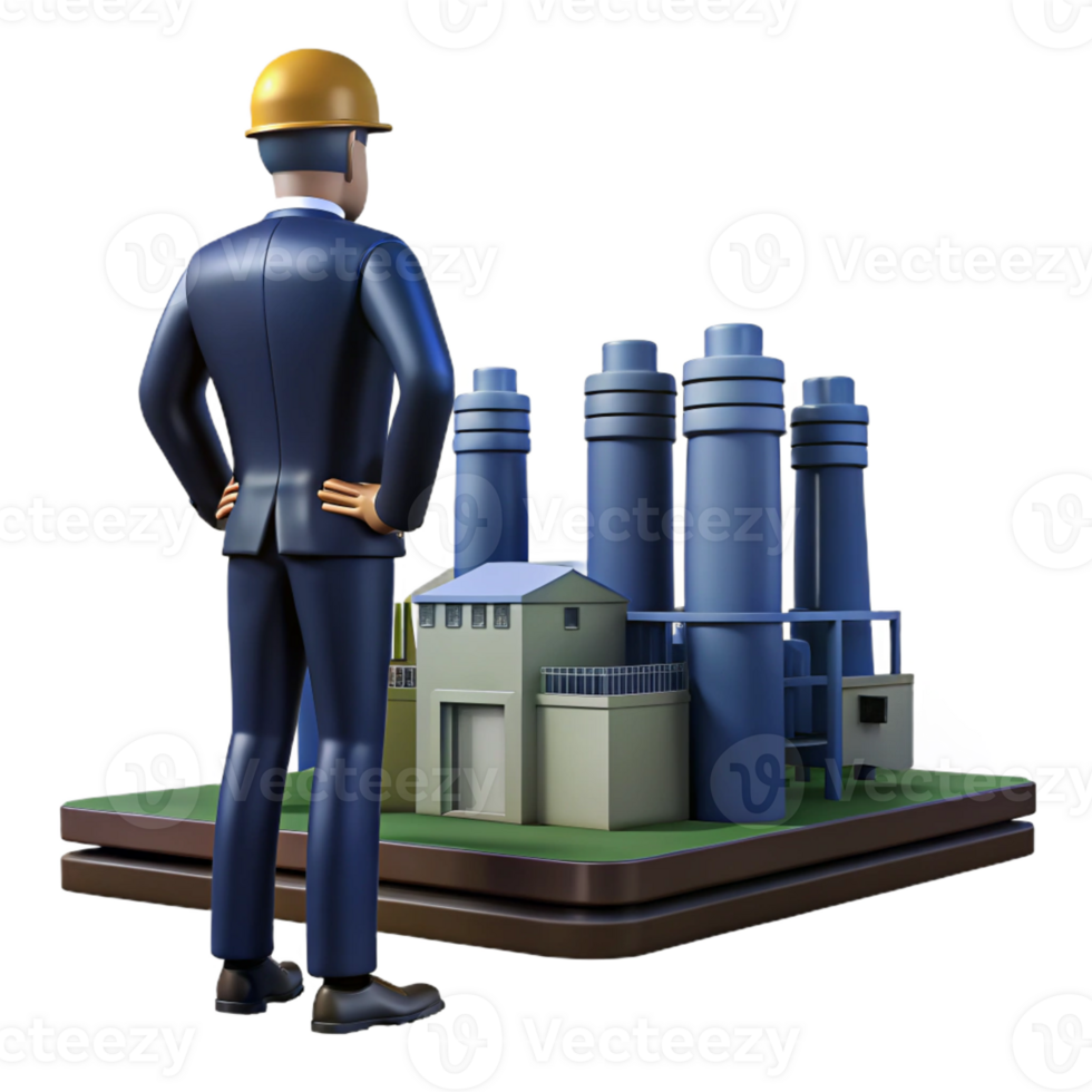 vibrant contemporary A lone figure in a power suit overlooking a sprawling industrial complex, powerful and imposing, dramatic backlighting original png