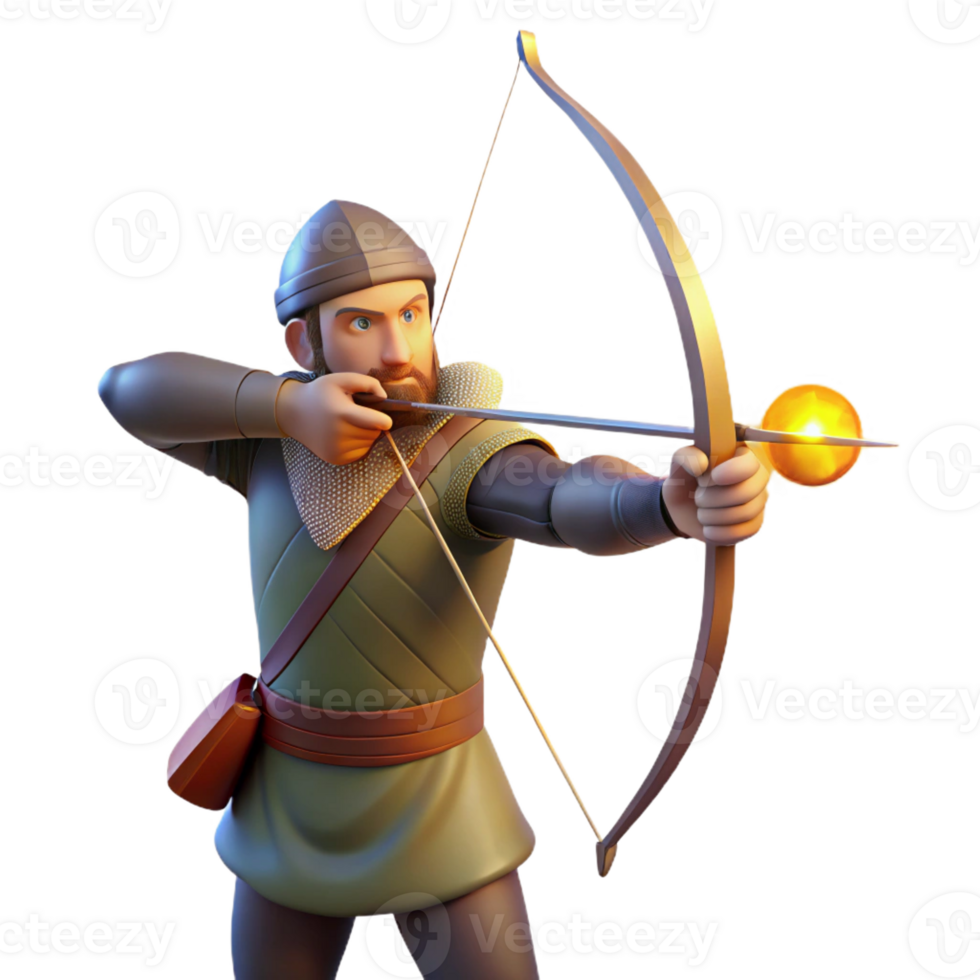dramatic contemporary A medieval archer aiming his longbow at a distant target, illuminated by the bright sunlight of a summer day, in a photorealistic style 4K png