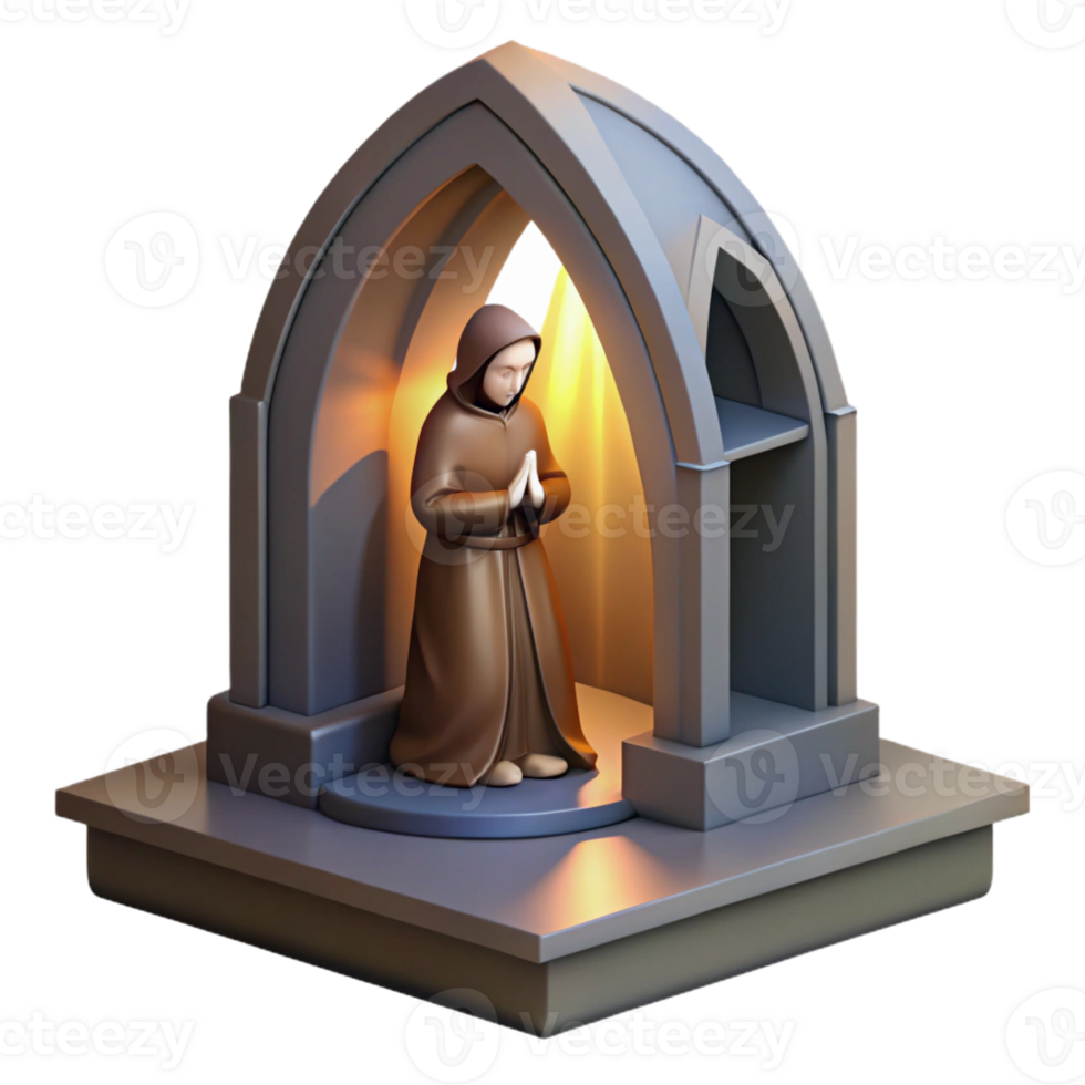 dramatic creative A solitary monk praying in a simple stone chapel, lit by a single, ethereal ray of light through a stained-glass window, in a religious iconography style high resolution png
