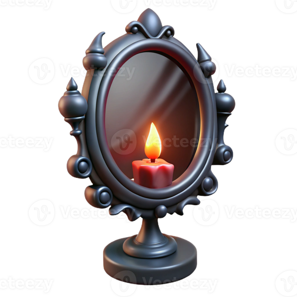 impressive artistic A haunted mirror reflecting a distorted, demonic version of the viewer. Dim, flickering candlelight. Supernatural horror, gothic horror style high quality png