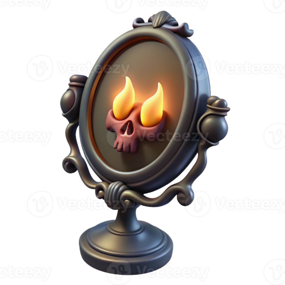 extraordinary creative A haunted mirror reflecting a distorted, demonic version of the viewer. Dim, flickering candlelight. Supernatural horror, gothic horror style original png