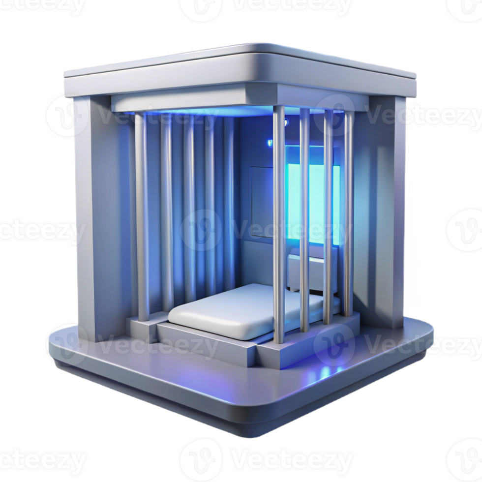 vibrant classic A futuristic prison cell with a single occupant bathed in harsh white light, sterile and oppressive, bright fluorescent lighting genuine png